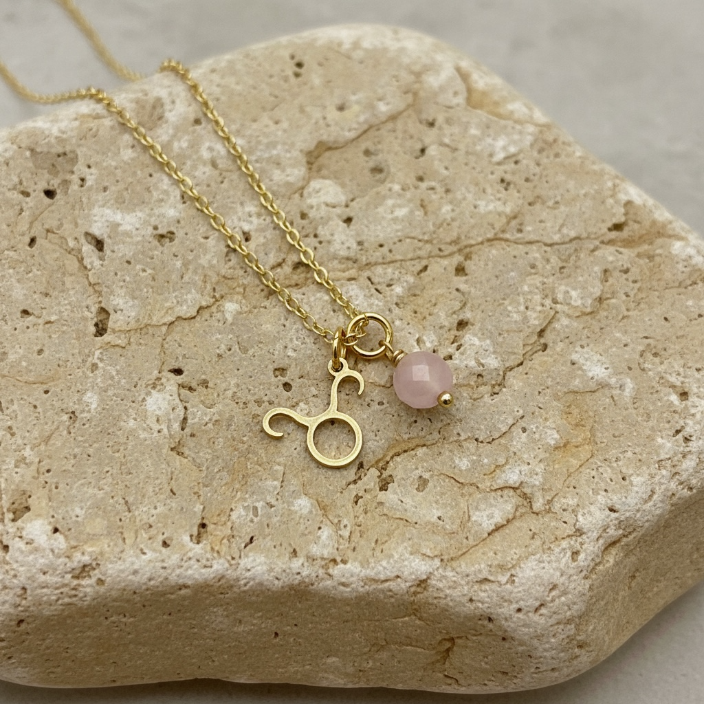 Zarte Sternzeichenkette Stier mit Rosenquarz – 18K vergoldeter Edelstahl