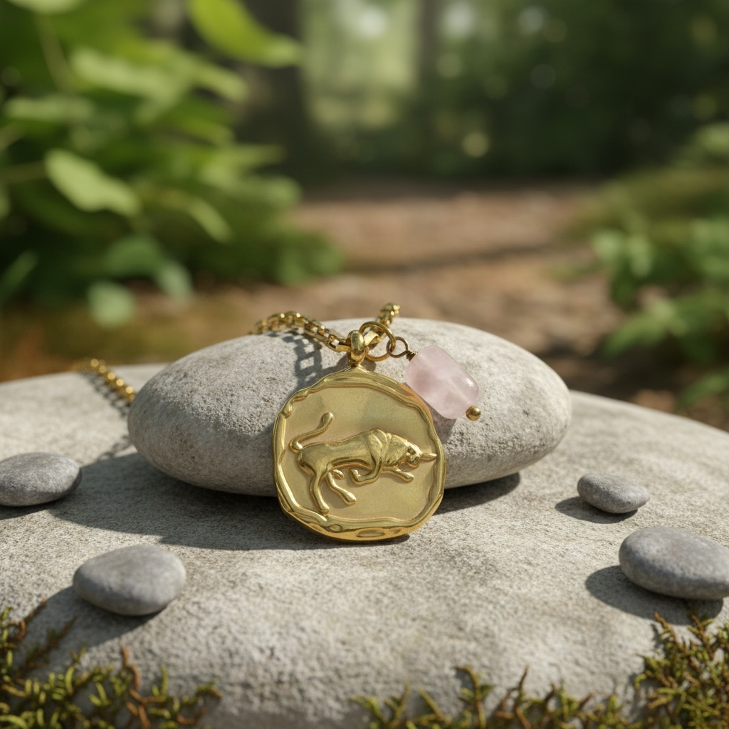 Sternzeichenkette Stier mit Rosenquarz – 18K vergoldeter Edelstahl