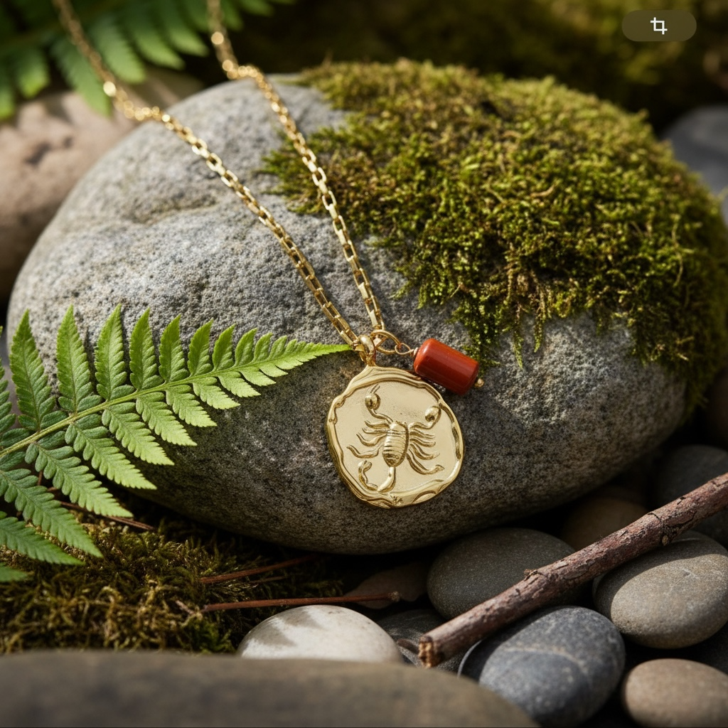 Sternzeichenkette Skorpion mit Anhänger aus rotem Jaspis – 18K vergoldeter Edelstahl