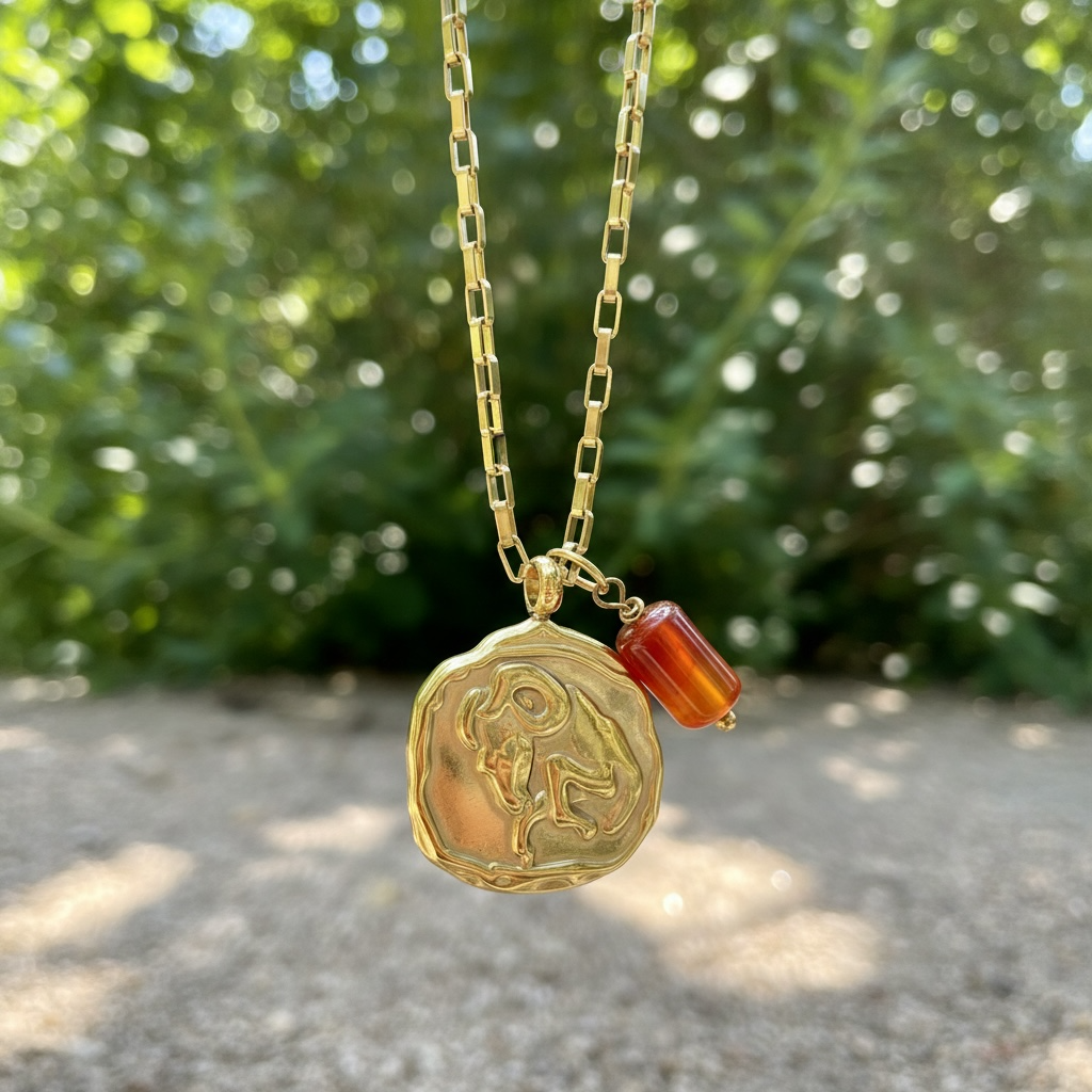 Sternzeichenkette Widder mit Karneol – 18K vergoldeter Edelstahl