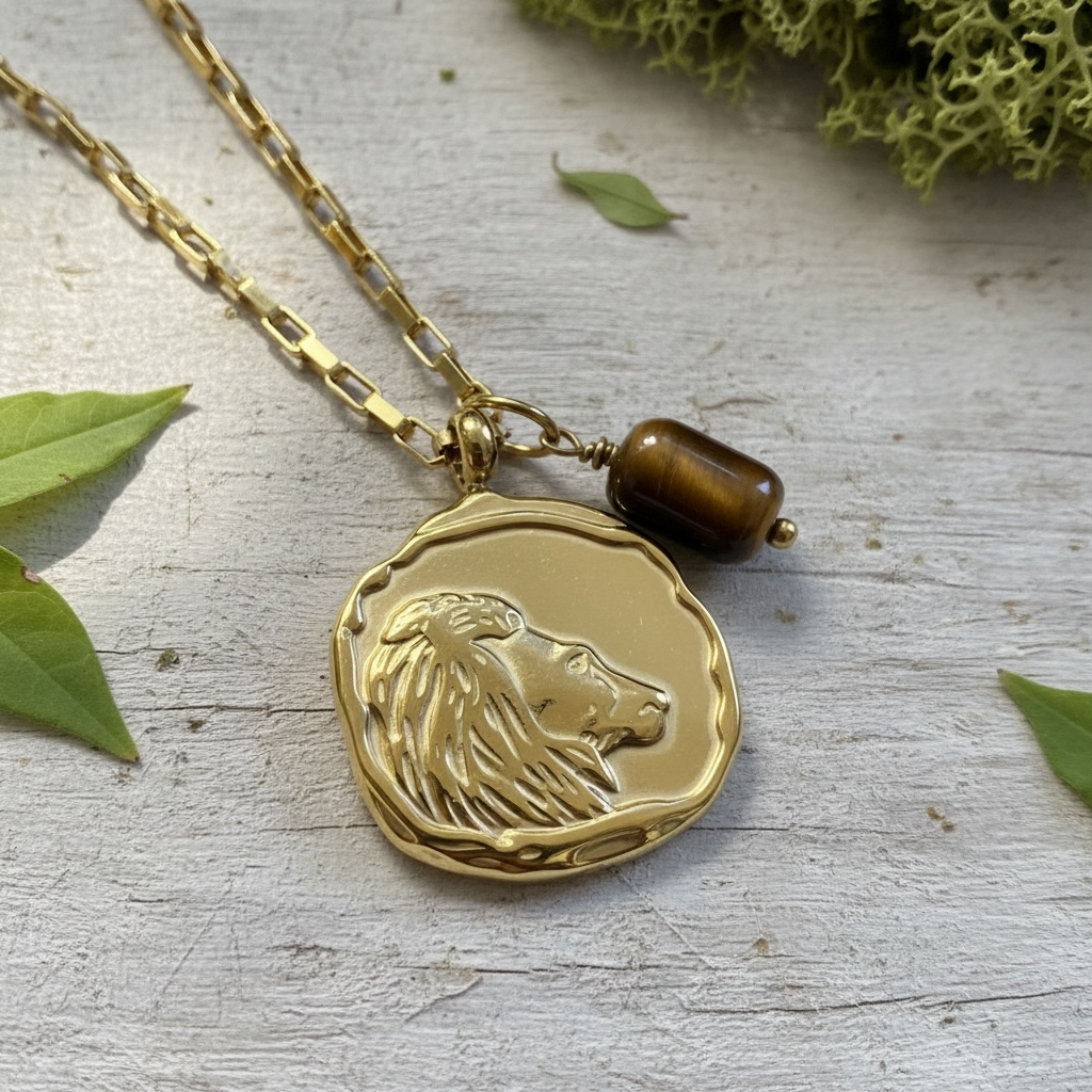 Sternzeichenkette Löwe mit Anhänger aus Tigerauge – 18K vergoldeter Edelstahl