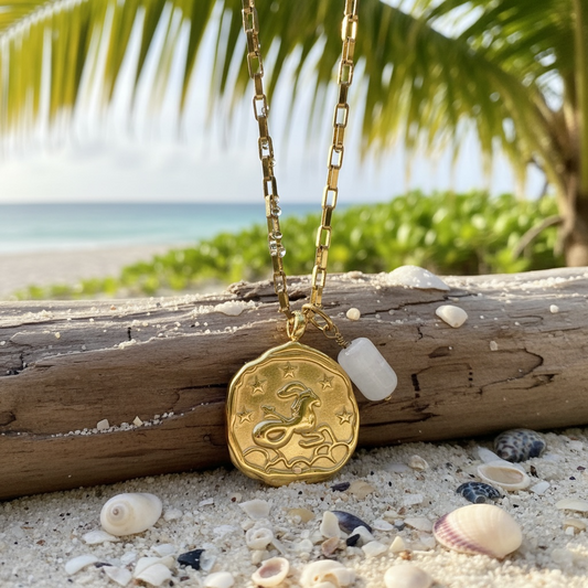 Sternzeichenkette Steinbock mit Anhänger aus Bergkristall – 18K vergoldeter Edelstahl