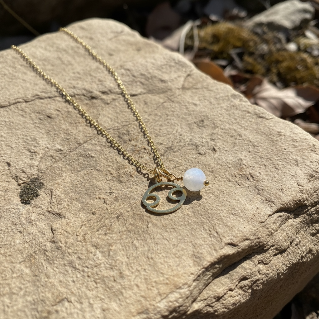Zarte Sternzeichenkette Krebs mit Anhänger aus Mondstein – 18K vergoldeter Edelstahl
