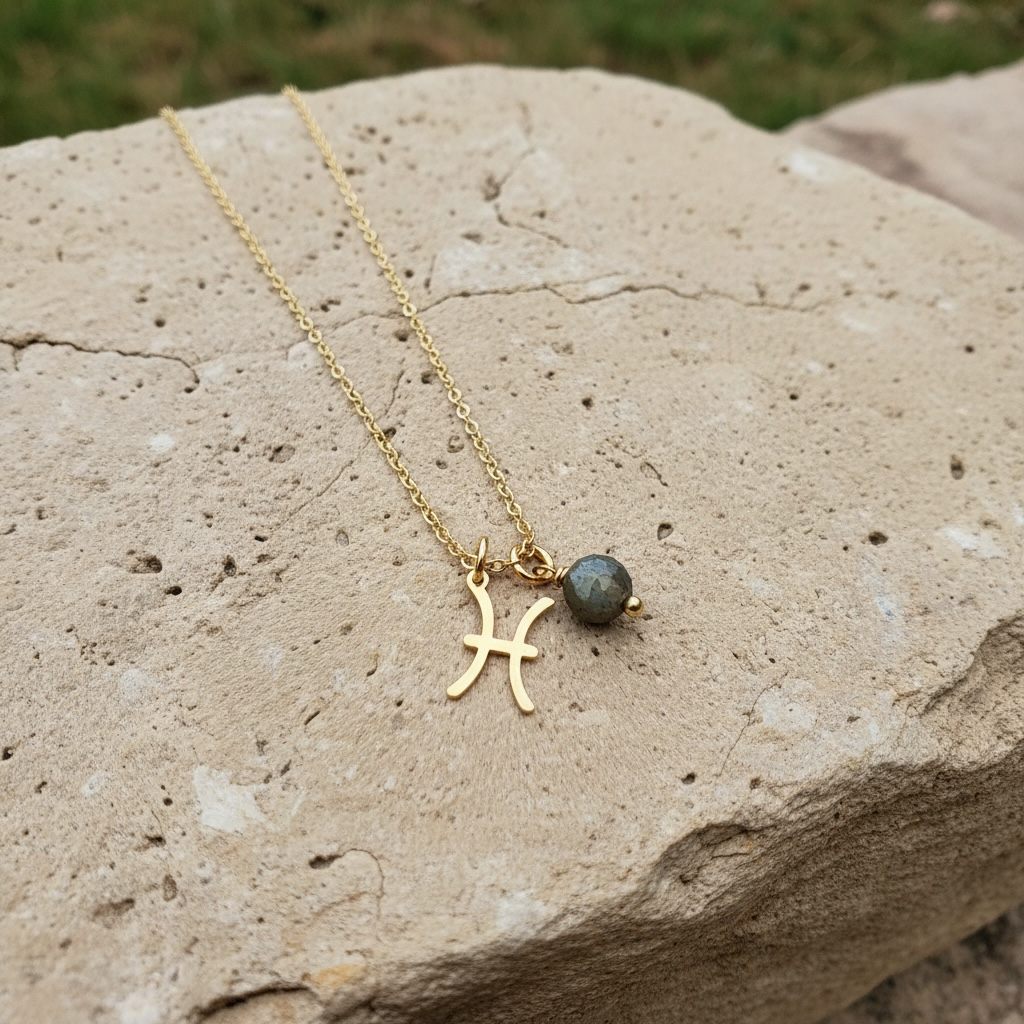 Zarte Sternzeichenkette Fische mit Anhänger aus Labradorit – Farbe Gold oder Silber