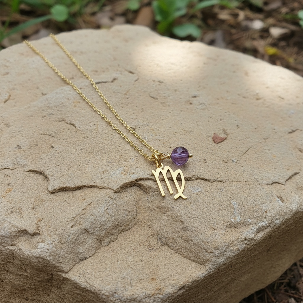 Zarte Sternzeichenkette Jungfrau mit Anhänger aus Amethyst – Gold oder Silber farbig