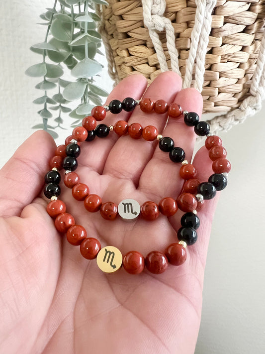 SKORPION ♏️- Sternzeichen Armband mit Roter Jaspis und Schwarzer Turmalin