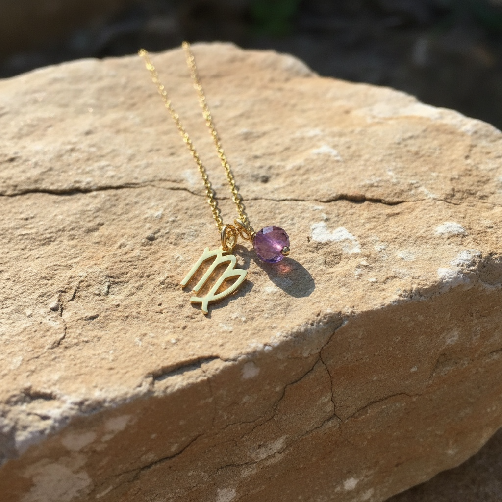 Zarte Sternzeichenkette Jungfrau mit Anhänger aus Amethyst – Gold oder Silber farbig