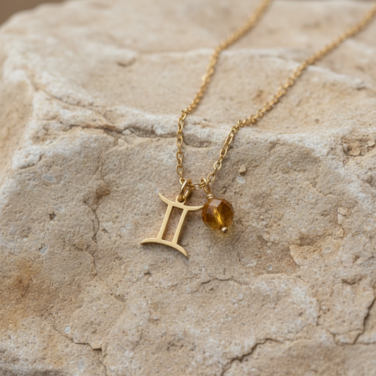 Zarte Sternzeichenkette Zwillinge mit Anhänger mit Citrin – 18K vergoldeter Edelstahl