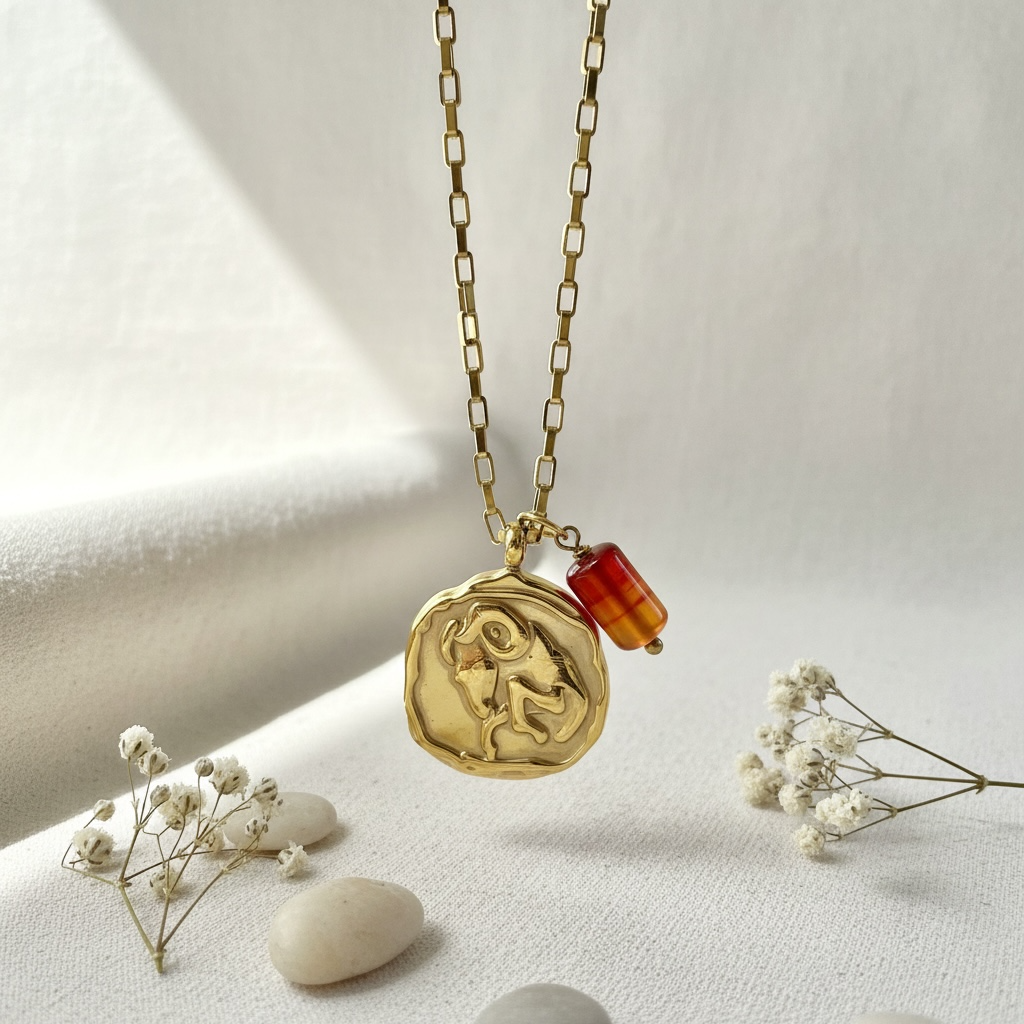 Sternzeichenkette Widder mit Karneol – 18K vergoldeter Edelstahl