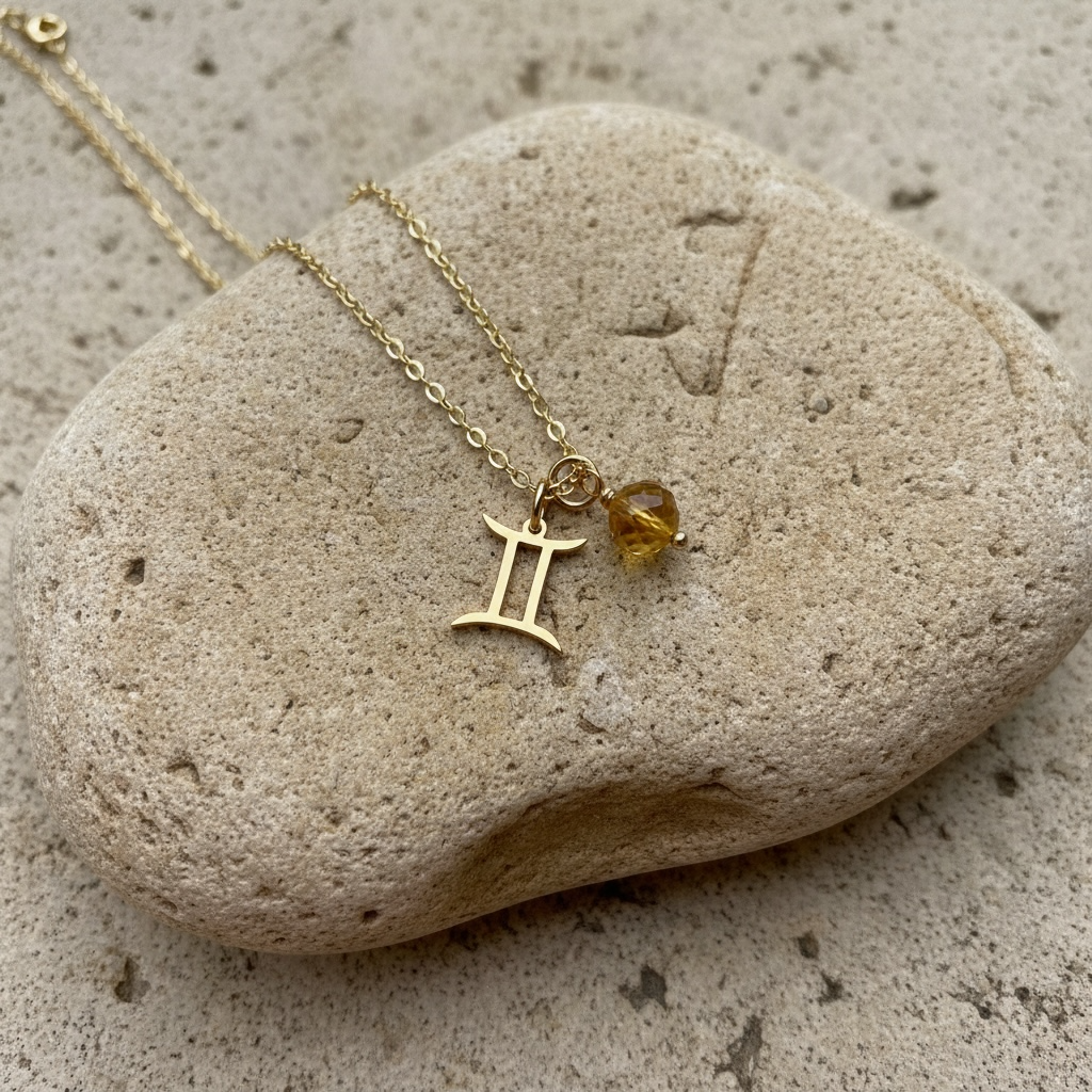 Zarte Sternzeichenkette Zwillinge mit Anhänger mit Citrin – 18K vergoldeter Edelstahl