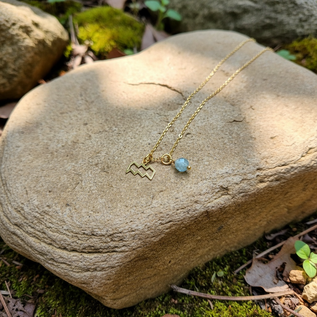 Zarte Sternzeichenkette Wassermann mit Anhänger aus Aquamarin – Gold oder Silber farbig