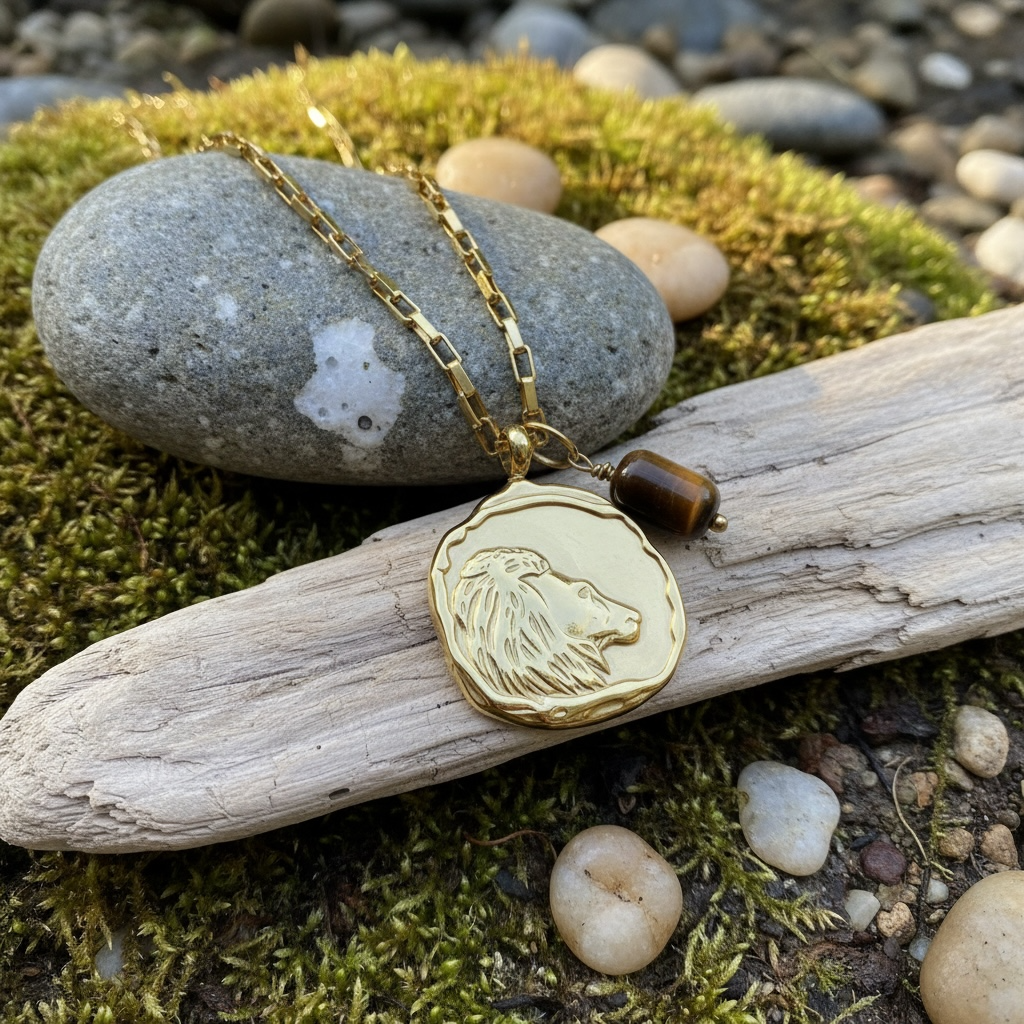 Sternzeichenkette Löwe mit Anhänger aus Tigerauge – 18K vergoldeter Edelstahl