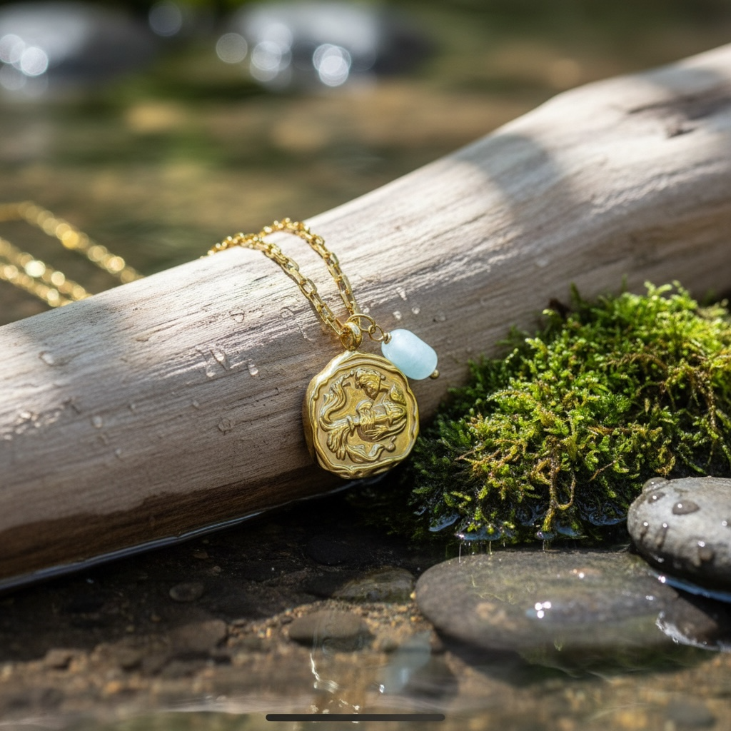 Sternzeichenkette Wassermann mit Anhänger aus Aquamarin – 18K vergoldeter Edelstahl