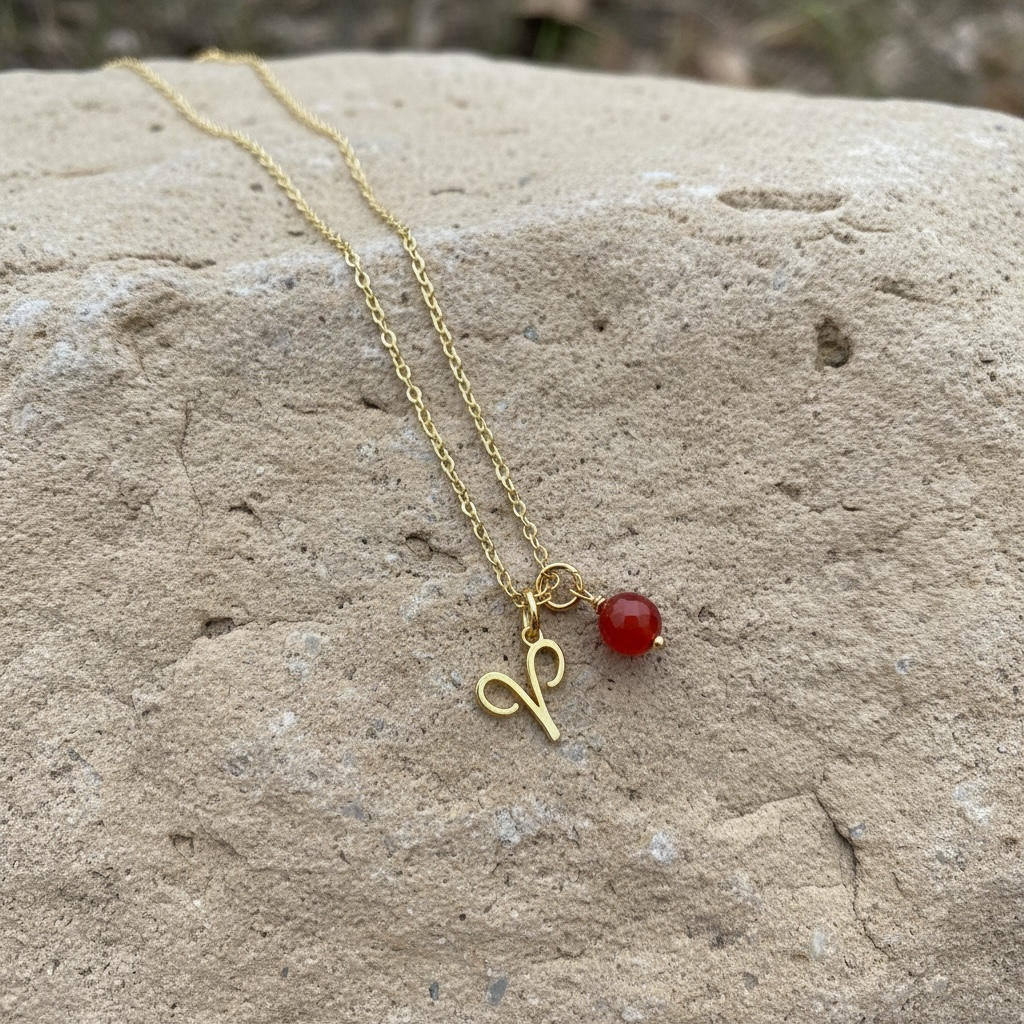 Zarte Sternzeichenkette Widder mit Karneol – 18K vergoldeter Edelstahl