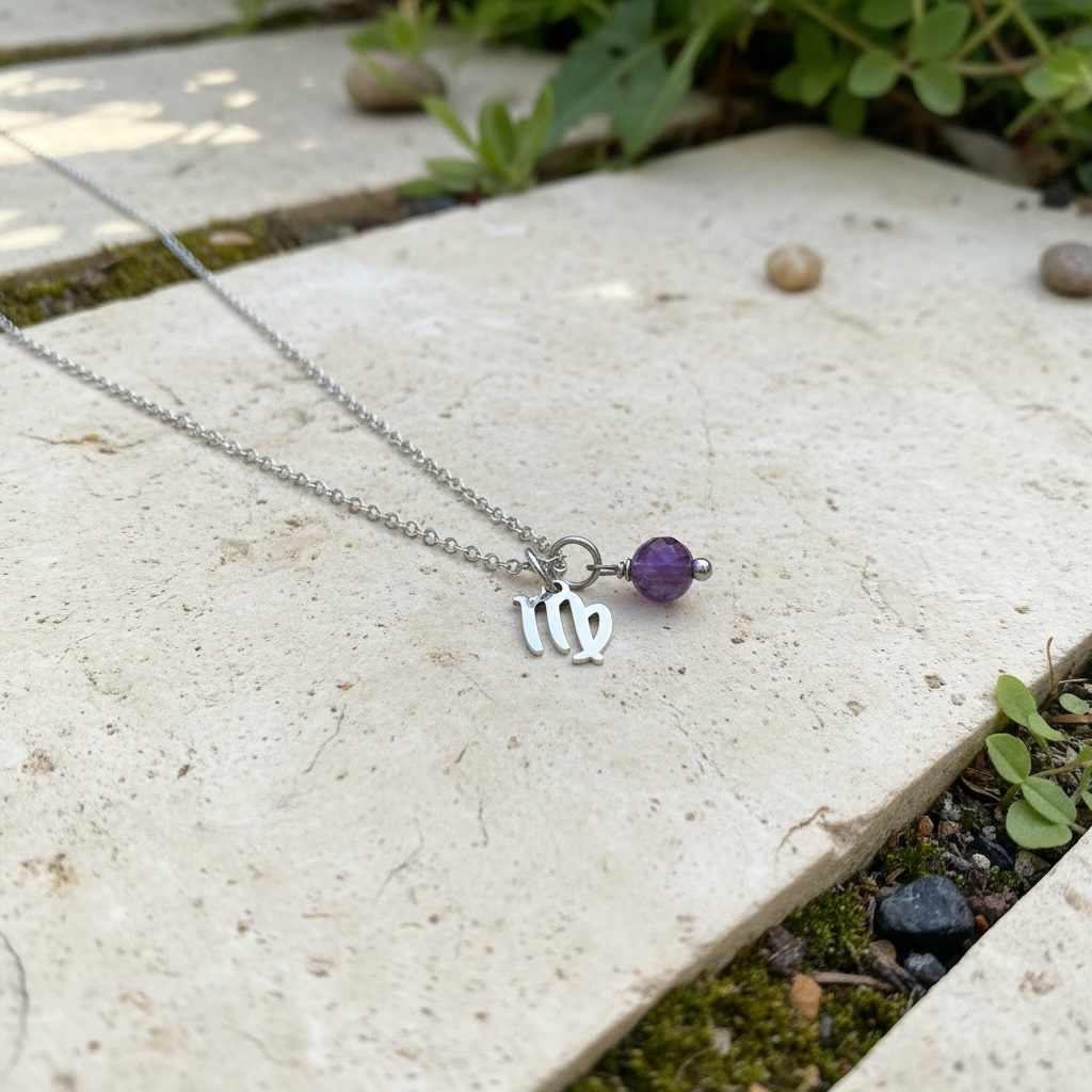 Zarte Sternzeichenkette Jungfrau mit Anhänger aus Amethyst – Gold oder Silber farbig