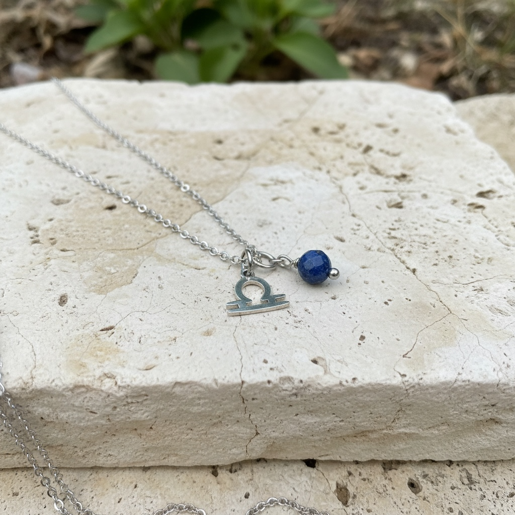 Zarte Sternzeichenkette Waage mit Anhänger aus Lapislazuli – Farbe Gold oder Silber