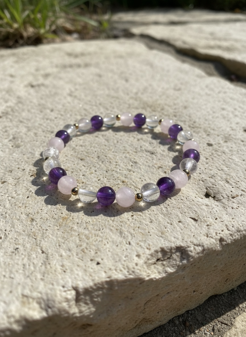Edelstein-Armband „Magische Drei" – Amethyst, Rosenquarz & Bergkristall
