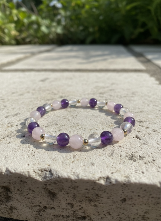 Edelstein-Armband „Magische Drei" – Amethyst, Rosenquarz & Bergkristall